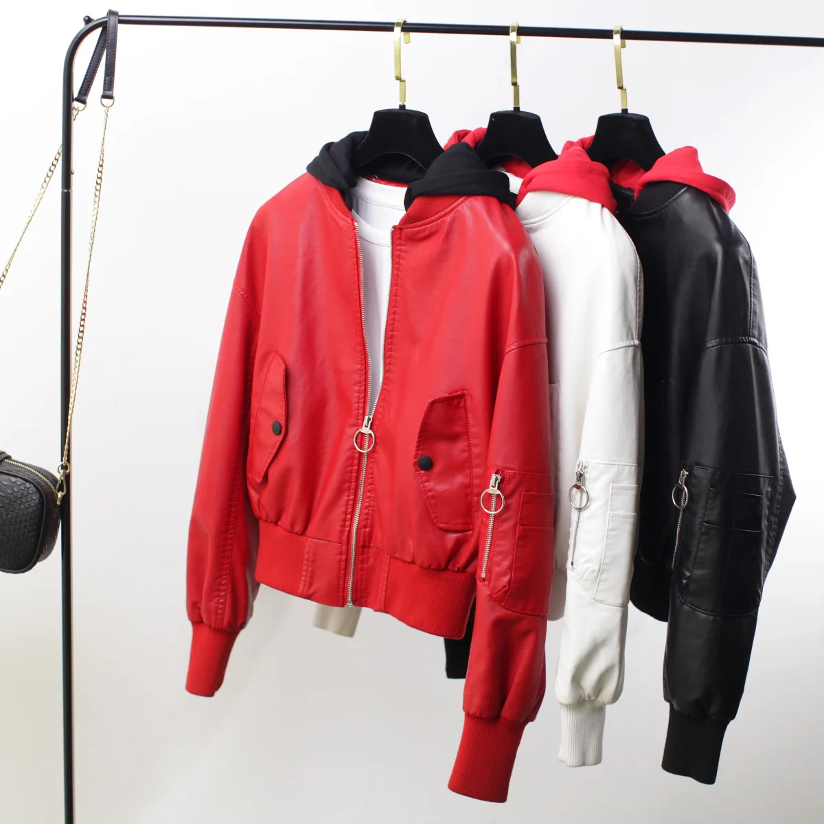 

2019 Women PU Leather Jacket Autumn Winter Hooded Oversized Bomber Jackets Long Sleeve Fashion Short Coat Blouson Femme 4189