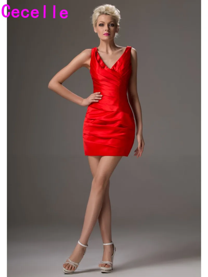 Simple Red Pleated Satin Mini Cocktail Dresses High School V Neck Tank