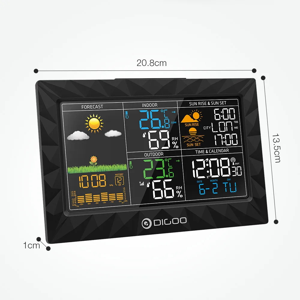 Goedkoop DIGOO DG TH8988 Weerstation Zonsopgang Zonsondergang Display Outdoor Indoor Thermometer Hygrometer Temperatuur Vochtigheid Sensor Afstandsbediening