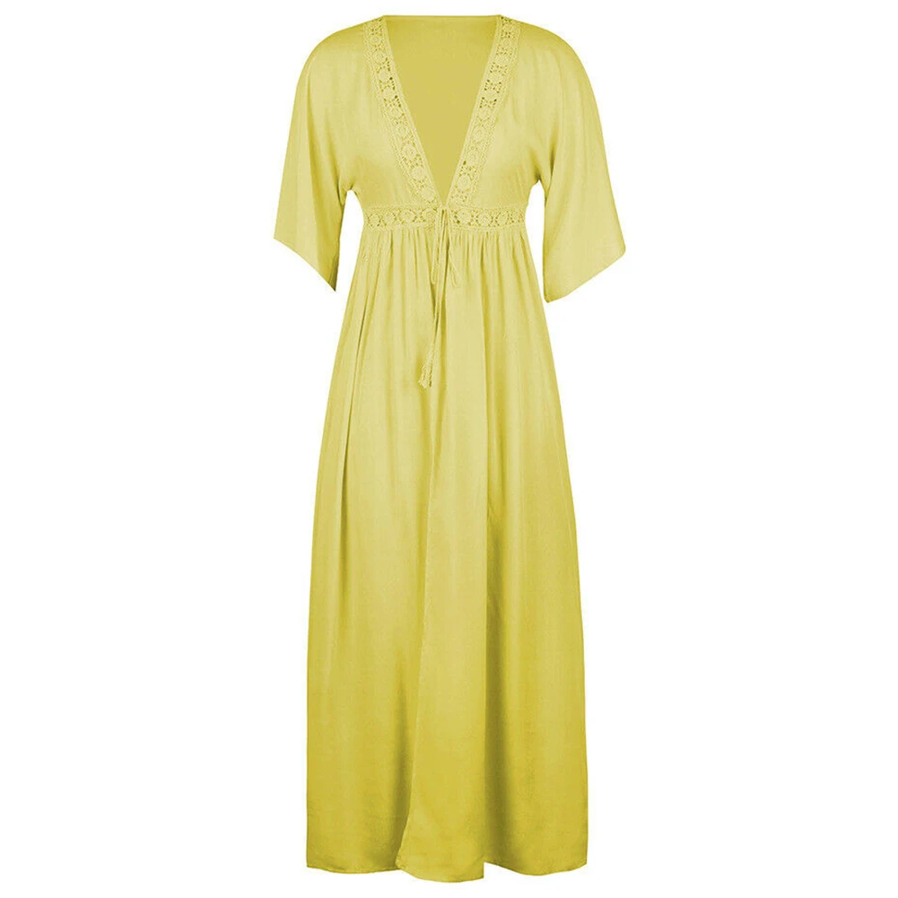 

Drawstring Swimwear Sexy Bikini Cover Up Solid Beach Wear Holiday Women Dress Lace Maxi Summer Short Sleeve V Neck Long