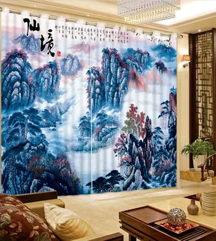 

3D Curtain Blackout Shade Window Curtains Blue Oil Painting Landscape Color Painting Home Bedroom Decoration Fashion Customized