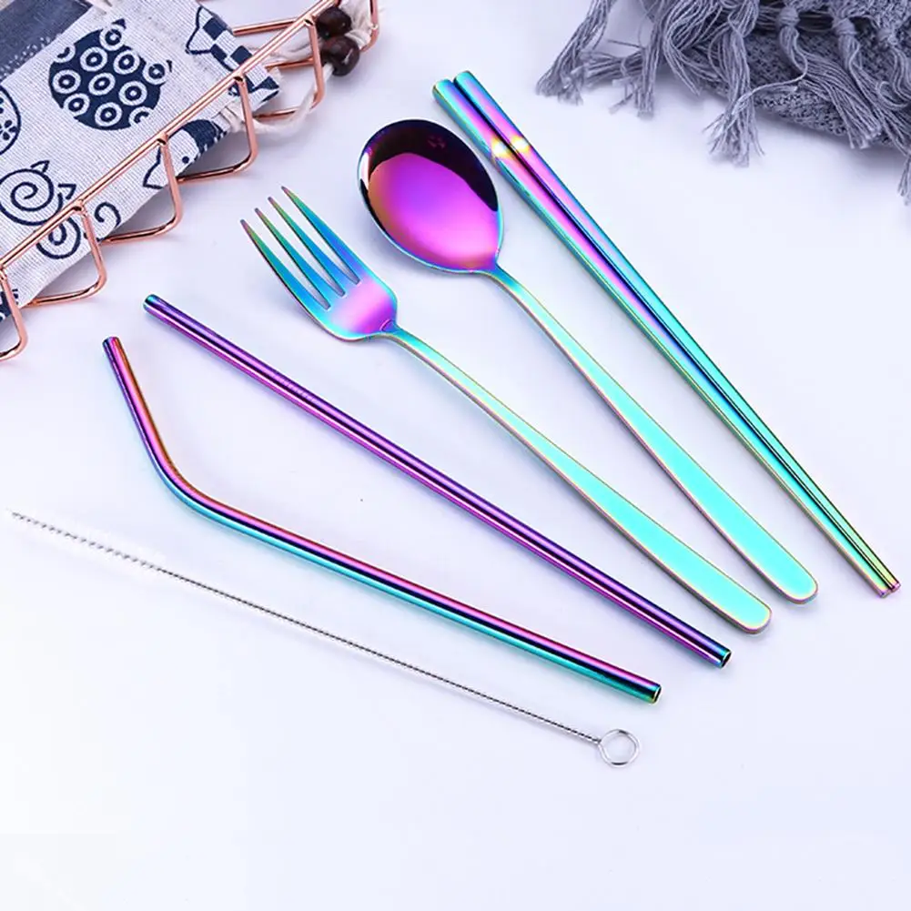 

New 3/5Pcs Portable Recyclable Tableware Kit Chopsticks Spoon Straws Fork Cutlery
