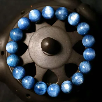 

12mm Genuine Blue Natural Kyanite Gemstone Crystal Cat Eye Effect Stretch Round Bead Bracelet