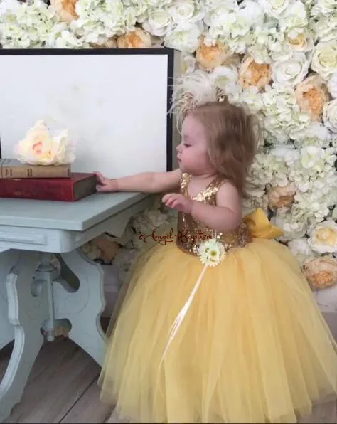 Gorgeous Yellow baby tutu first birthday dress flower girl dresses gold sequined and bow criss-cross back ball gown pageant gown