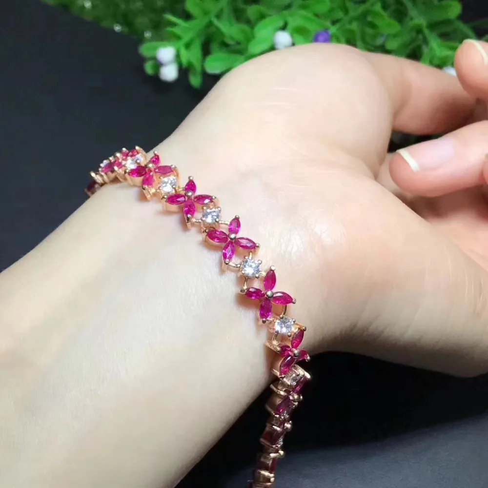 

Natural red ruby Bracelet Natural gemstone Bracelet 925 silver bracelet luxurious big array Clover women wedding fine Jewelery