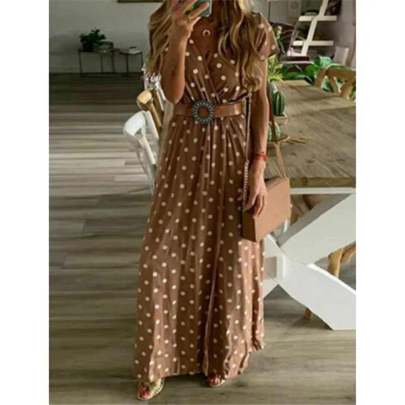 

2019 New Summer V Neck Dresses Sexy Short Sleeve Dots Printed Loose Big Size 2XL Long Maxi Dress Women Fashion Dresses Vestidos