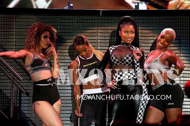 

2016 New Design DJ singer spicy chicken with black and white grid models sexy high elastic leotard stage costumes Size S-5XL