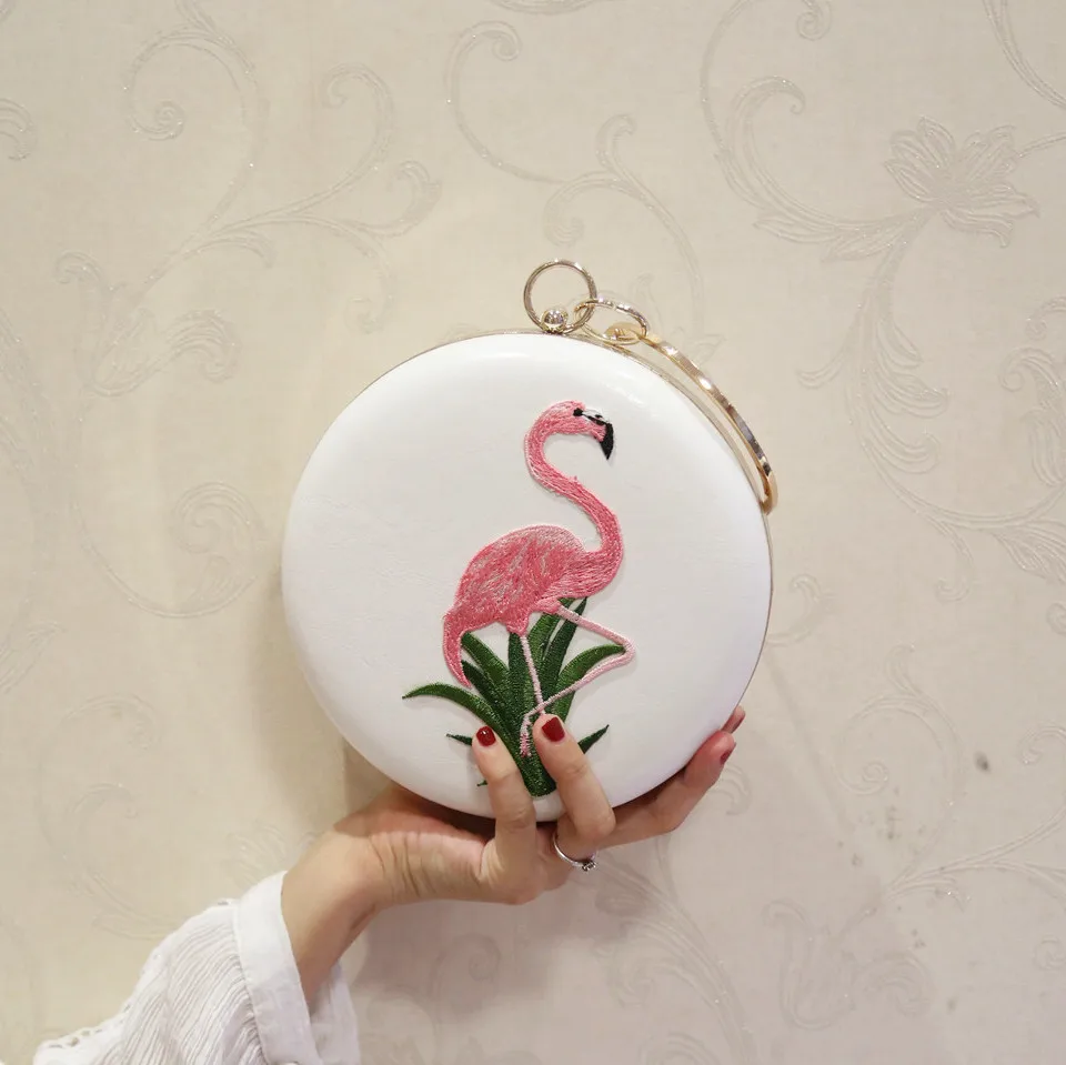 

Women Embroidery Flamingo Evening Bags Luxury Round Shaped Female Wedding Dinner Bags Shoulder Bags Clutch Purse