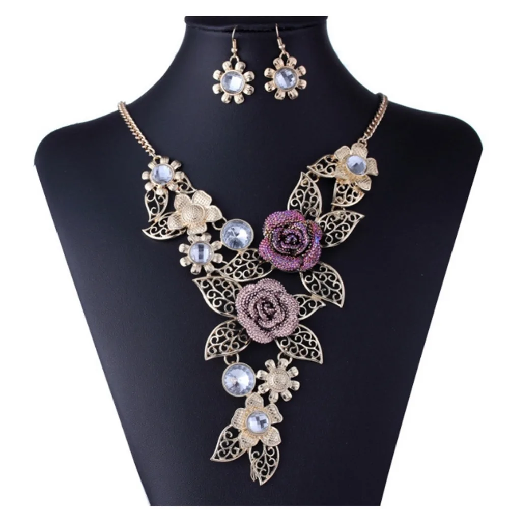 Vintage Hollow Out Flower Crystal Rhinestone Statement Necklace And Earrings For Women Party Wedding Jewelry Sets | Украшения и