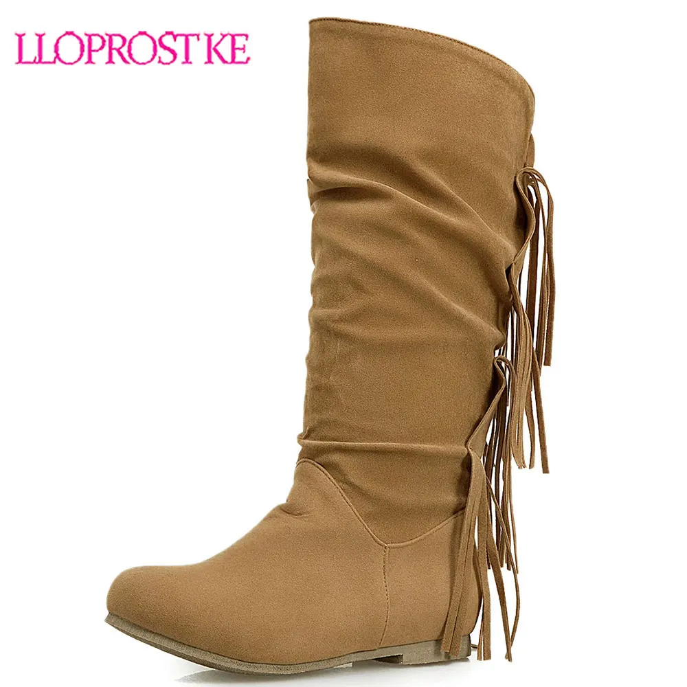 

Lloprost ke Mid Calf Boots for Women Tassel Slip On Autumn Winter Half Boots Flat Heels Thigh High Fringe Boots Size 34-50 H516