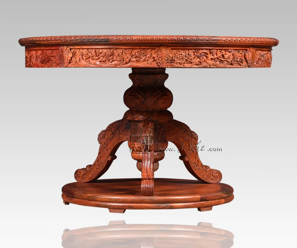 Carved Round Table Rosewood Classic Garden outdoor Desk Solid Wood Living Room Coffee Tea Furniture Annatto flower bird carving