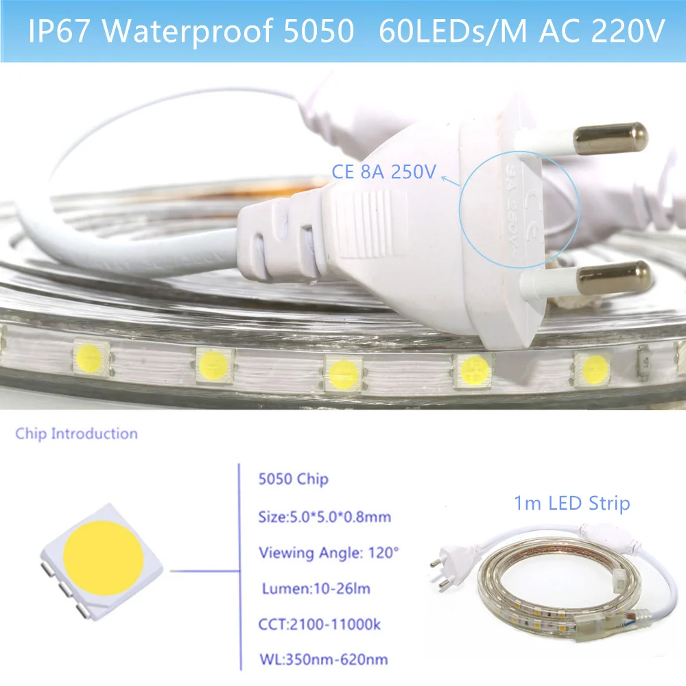 5050 Светодиодная лента 220 В водонепроницаемый гибкий светодиодный светильник 220 В лампа 1 м 2 м 3 м 4 м 5 м 6 м 7 м 8 м 10 м 12 м 15 м 20 м 23 м 24 м 26 м 27 м 28 м 29 м 33 м