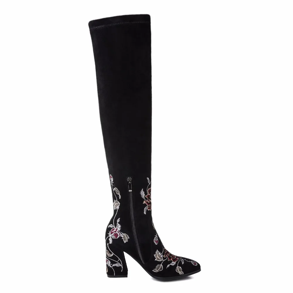 Kickway/; Сапоги выше колена с цветочной вышивкой; женские сапоги на высоком квадратном каблуке; пикантные женские эластичные модные сапоги из искусственной замши