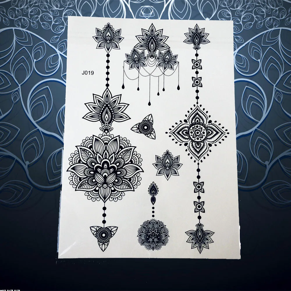 25 نمط الساخنة الحناء الوشم وهمية للماء الأسود ماندالا زهرة ذراع اليد الوشم البومة الشارات النساء الجسم فن الوشم المؤقت ملصقا