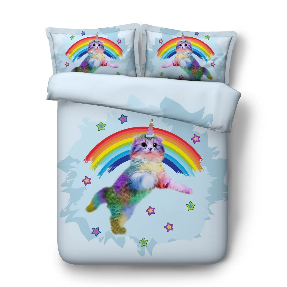 Jf 595 Cute Unicorn Cat And Rainbow Printed Bedding Set For Kids
