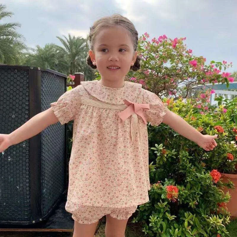 

Summer baby girls clothes set cotton floral print tops +shorts boutique baby clothing