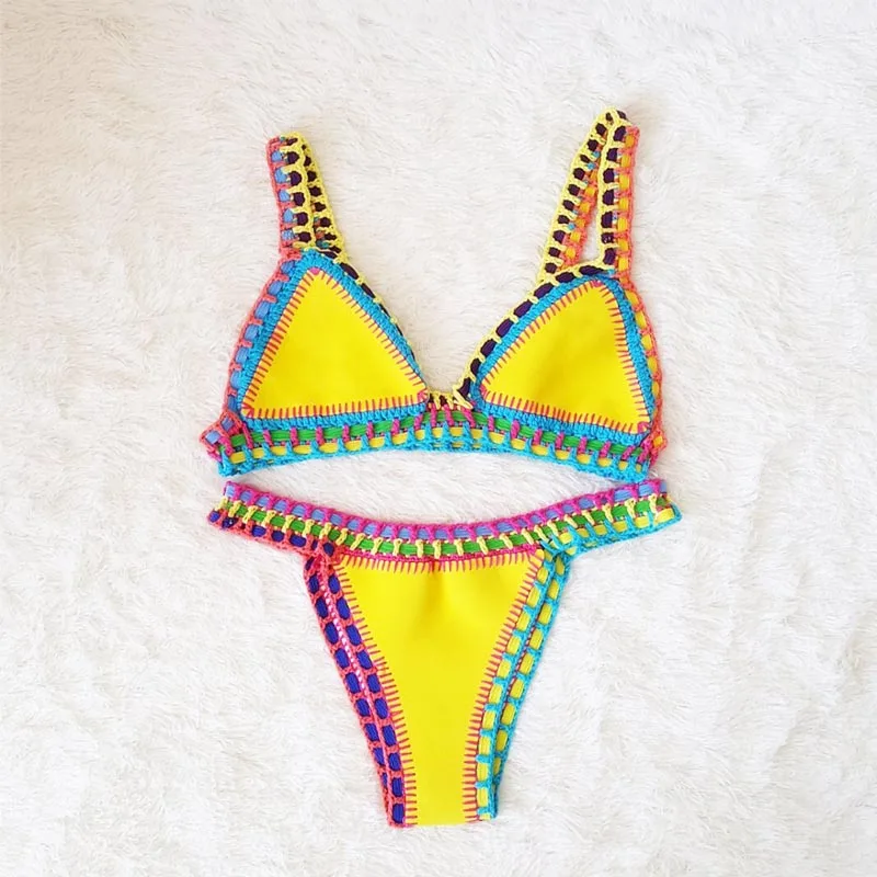 GI FOREVER Bikini Handmade Knit Swimwear Women 2019 Sexy Contrast Color Low Waist Swimsuit Bathing Suit Maillot De Bai
