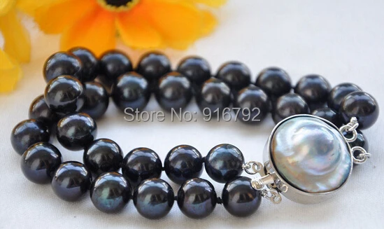 

free shipping >>>>>2ROW 8" 10mm ROUND BLACK FRESHWATER PEARL BRACELET MABE