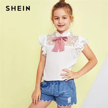 SHEIN/детские белые топы для девочек со стоячим воротником и бантом спереди и сетчатой вставкой; коллекция года; летние элегантные блузы с рукавами-крылышками и вышивкой