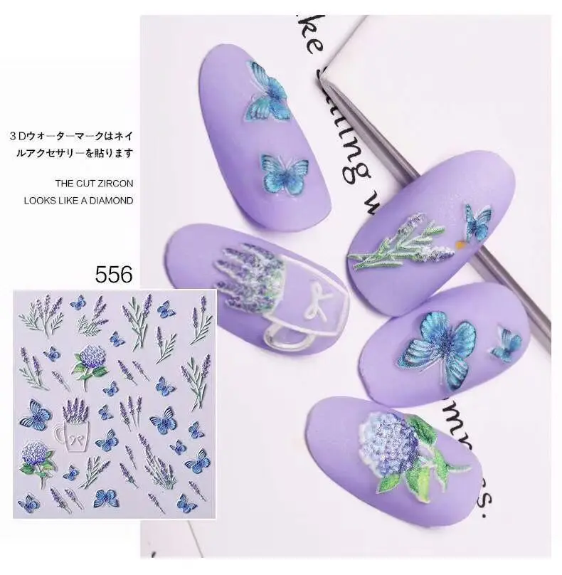 

3D Acrylic Engraved flower Nail Sticker flower butterfly Water Decals Empaistic Nail Water Slide Decals