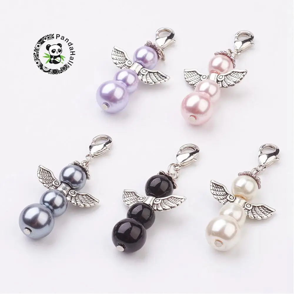 

100pcs 47mm(1.85") Mixed Color Angel Fairy Alloy Pendants Charm Antique Silver Wings Brass Lobster Claw Clasps & Glass Pearl F80