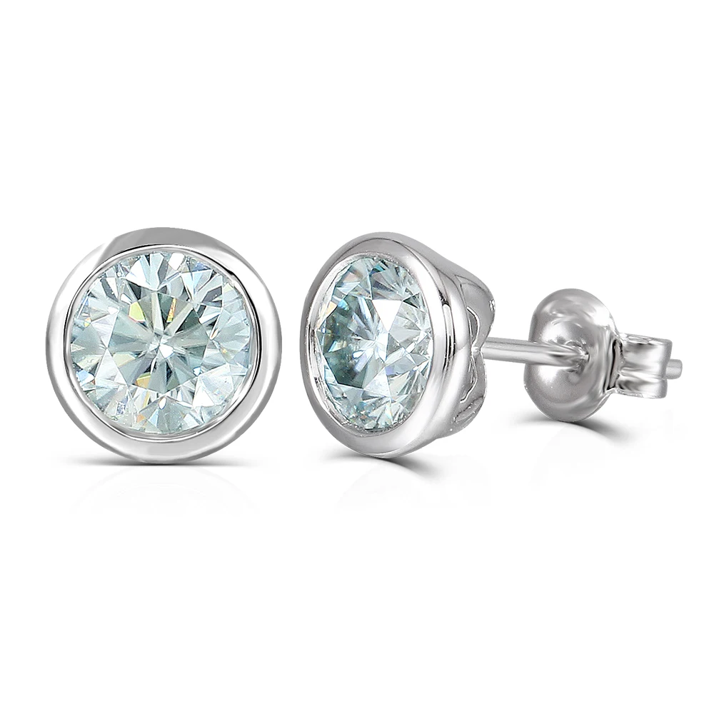 

Transgems 10K White Gold Post 2CTW 6.5mm Moissanite Stud Earring Bezel Setting Platinum Plated Silver Push Back
