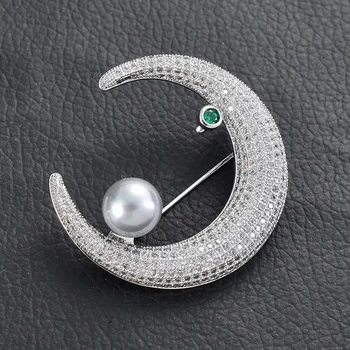 

Crescent Moon Brooch Pin Luxury Rhinestone Pearl Brooches for Women Girl Broach Vintage Style Art Deco broche femme bijoux