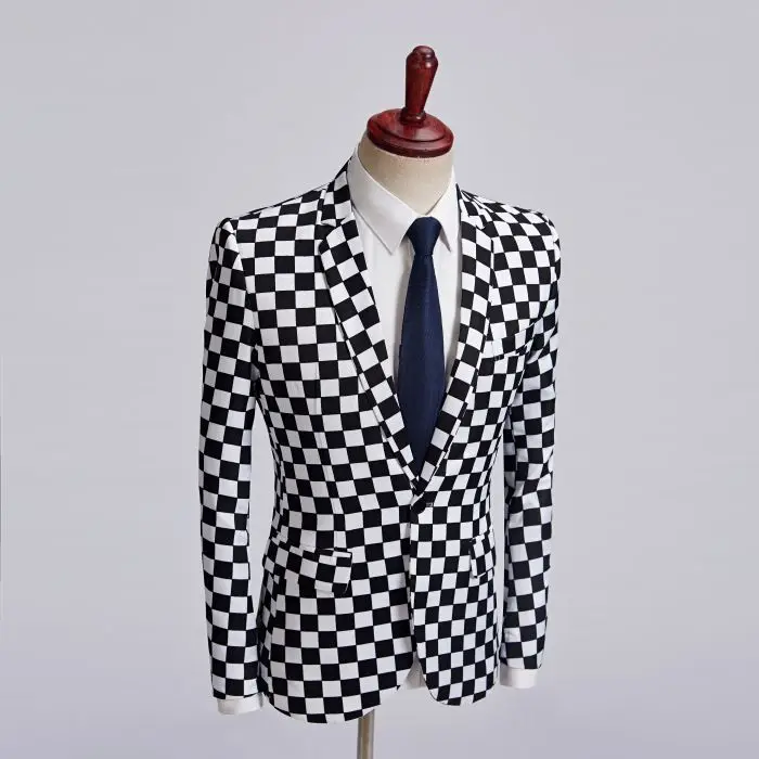Брендовый костюм для мужчин, черно-белый клетчатый принт, комплект из 2 предметов, новейшее пальто + брюки, дизайн, Свадебный сценический для
