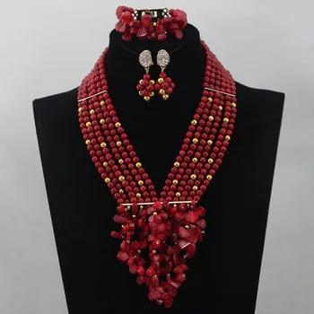 

Wedding Coral Bib Statement Necklace Set Red African Coral Beads Bridesmaid Costume Necklace Set 2017 Free Shipping CNR626