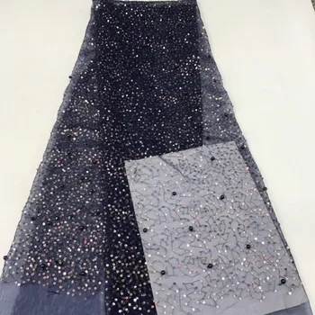 

2019 Gold African lace fabric high quality French lace mesh fabric sequins add pearl Nigerian Swiss lace fabric dress