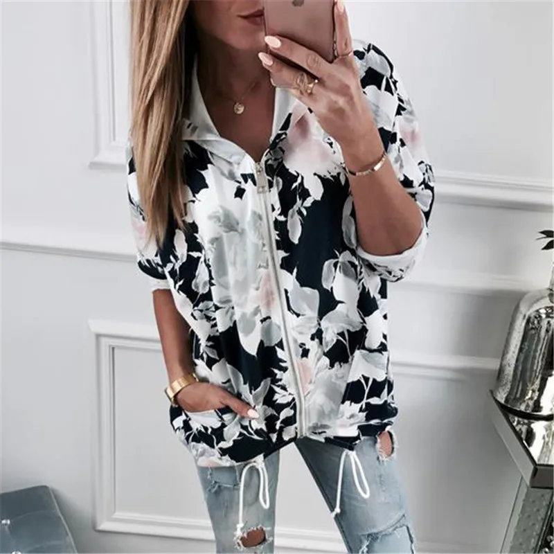 

Female Sweatshirts Autumn Winter Fashion Floral Print Womens Hoodie Long Sleeve Zipper Hooded Sweatshirt Casual Outerwear