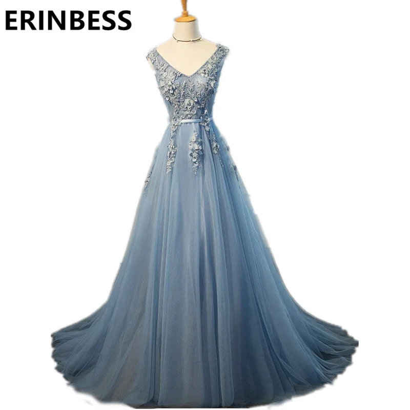 

2019 Vestido De Festa Light Blue Prom Dresses New A Line V Neck Appliques Sashes Tulle Special Occasion Party Gowns