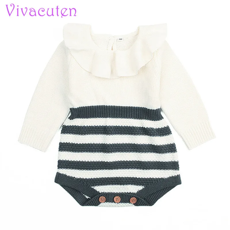 

striped baby Girls Bodysuit Toddler Knitted Wool jumpsuit Long Sleeve leaf Collar Cute Girl Outfits Newborn baby girls Clothes