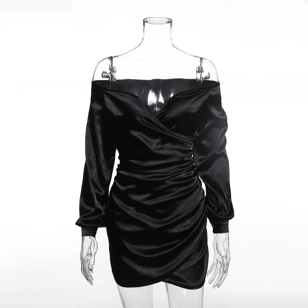 С длинным рукавом женское платье с открытыми плечами элегантное Сексуальное мини платье Vestido Летняя мода платье с открытой спиной, облегающее вечерние Клубное платье - Цвет: Черный