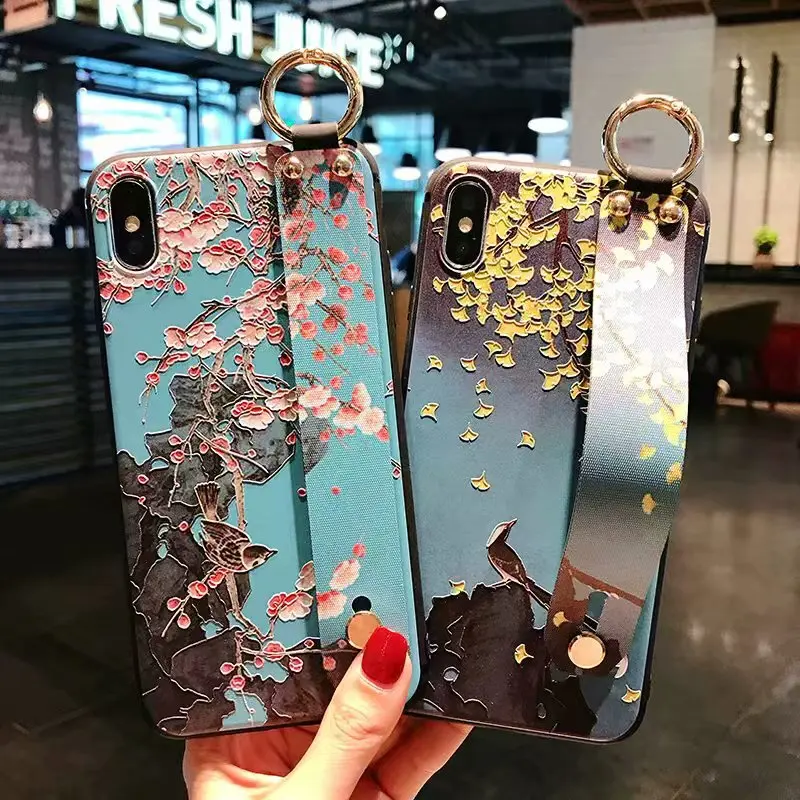 

Vintage Chinese Painting 3D Emboss Silicone Wristband Flower with Cover For Huawei Mate 10 20 Pro P20 P30 pro P10 Nova 3I 2S 4