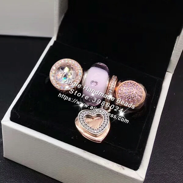 

4pcs Rose Gold Jewelry Set Sterling Silver Heart CZ Dangle Charms Beads Fit DIY Bracelet Necklaces Jewelry Making Woman Gift
