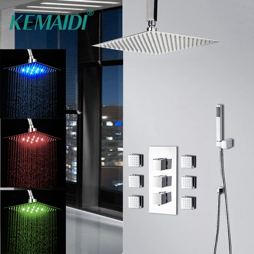 

KEMAIDI 8" 12"16" LED Bathroom Bathtub Rainfall Shower head Polished Wall Mounted Swivel Mixer Taps Shower Faucets Set Chrome