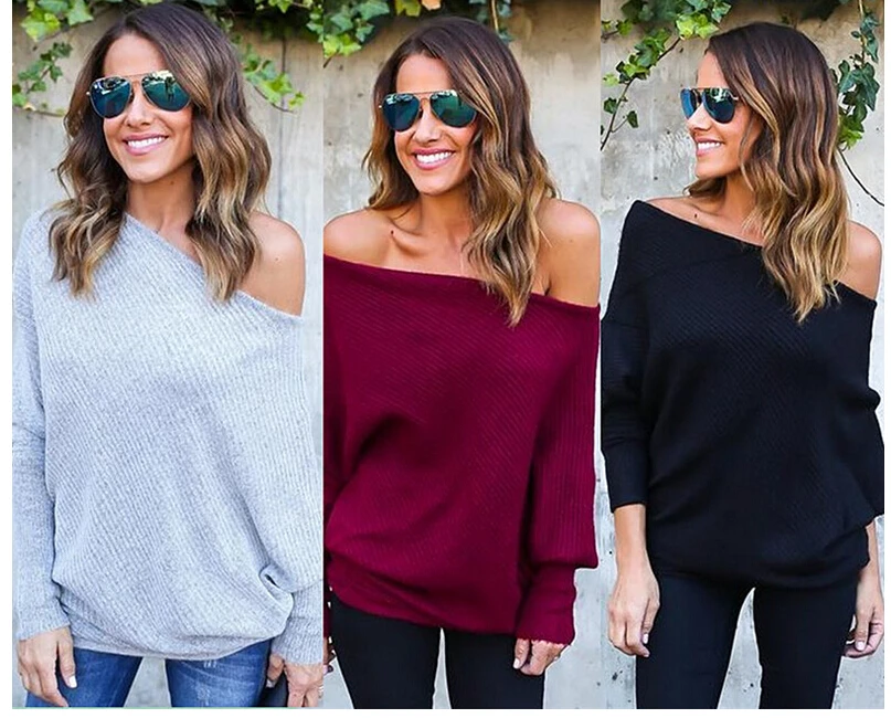 

Winter sexy off-the-shoulder sweater bat sleeve screw thread T-shirt coat dress women shirts streetwear