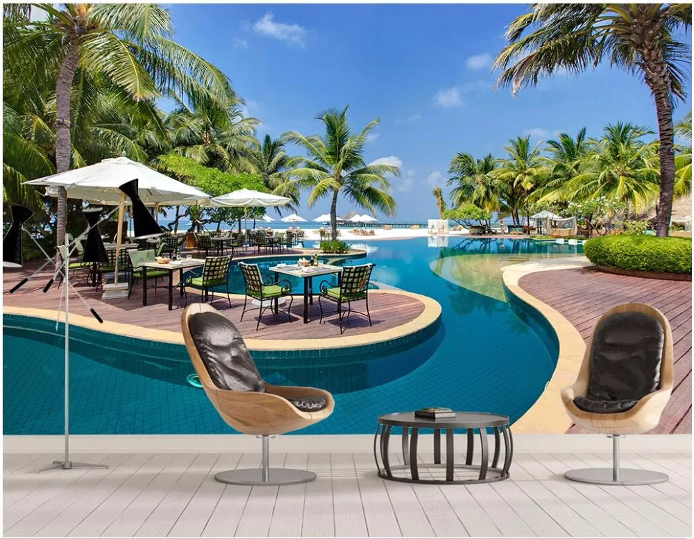 

Custom photo 3d room wallpaper seaside The pool coconut trees landscape room painting 3d wall murals wallpaper for walls 3 d