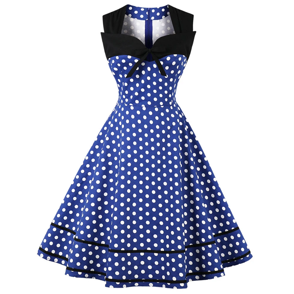 

Joineles Elegant Style Summer Women Dress Blue Color High Waist Rockabilly Swing Retro Vintage Dress Party Vestidos A Line Dress