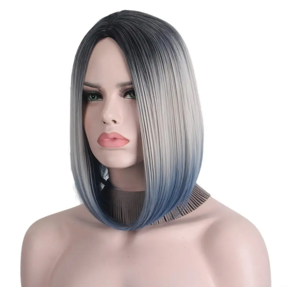 

Short Ombre Wig Blue Gray Black Roots-Anxin Synthetic Wigs for Women Girls With no Bangs Anxin Cosplay Wigs for black women