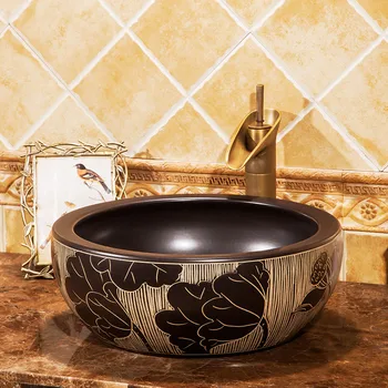 

European style Round Jingdezhen artistic basin wash basin countertop Bathroom sinks wash basin black lotus carving