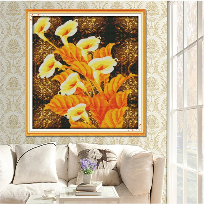 Joy Sunday,Golden callas,Cross stitch embroidery,printing cloth embroidery kit,Printed cross stitch,Flower picture cross stitch (1)