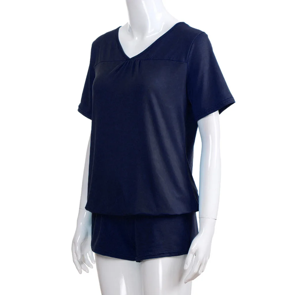 Feitong Женские повседневные однотонные шорты короткие женские из двух частей с рукавом Футболка с рюшами одежда для сна комплект# y20