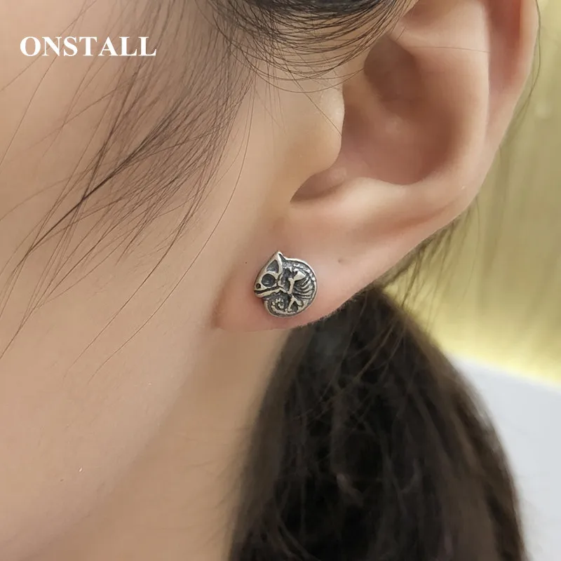 

DARK DRFAM 100% 925 sterling silver Stud Earrings wild chameleon earrings Stylish personality Skull ear jewelry sterling silver