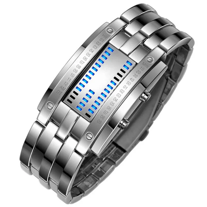 

Men's Watch Creative Luxury LED Electronic Blue Binary led Displayer Luminous Sports Watches Men Women Stainless Steel Wrist