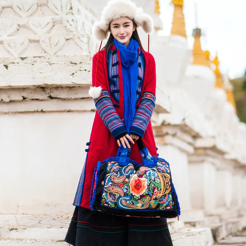 Тибетское новое зимнее платье красное хлопковое пальто средней длины Оригинальная одежда с вышивкой в национальном стиле с хлопковой подкладкой Тибет