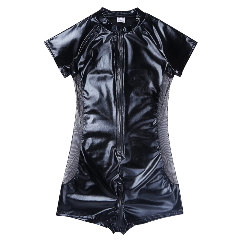 Leather Bodysuit Mens Front Zipper One-piece Swimsuit Leotard Bodysuits Swimwear for Night Club Party Clubwear Jumpsuit