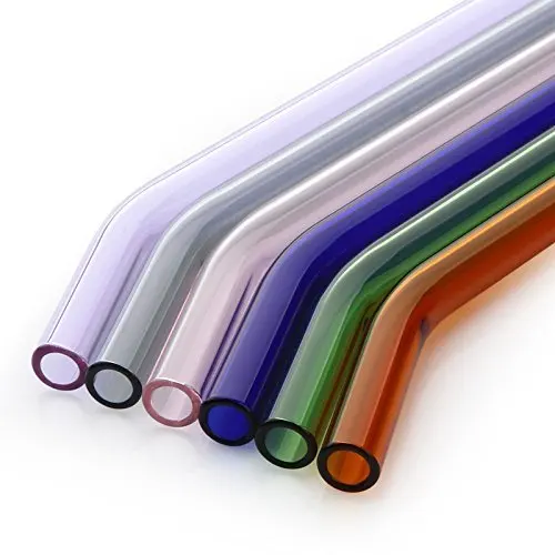 Reusable Long Bent Glass Drinking Straws, 190mm8mm Set of 6 with 2 Cleaning Brushes, Healthy, Reusable, Eco Friendly, BPA Free, Very Sturdy,Multi Color for Smoothies