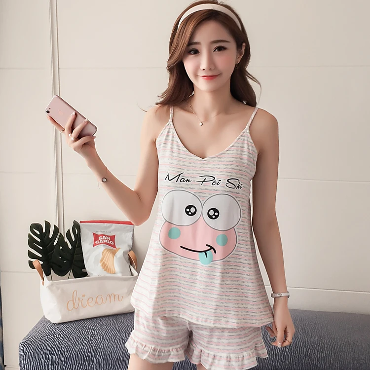 

Girl Tops WAVMIT Women Pajamas Suit Sexy Home Sleepwear Shortless Sleeve Pyjamas With Chest Pad Girl Short Pajamas Pant
